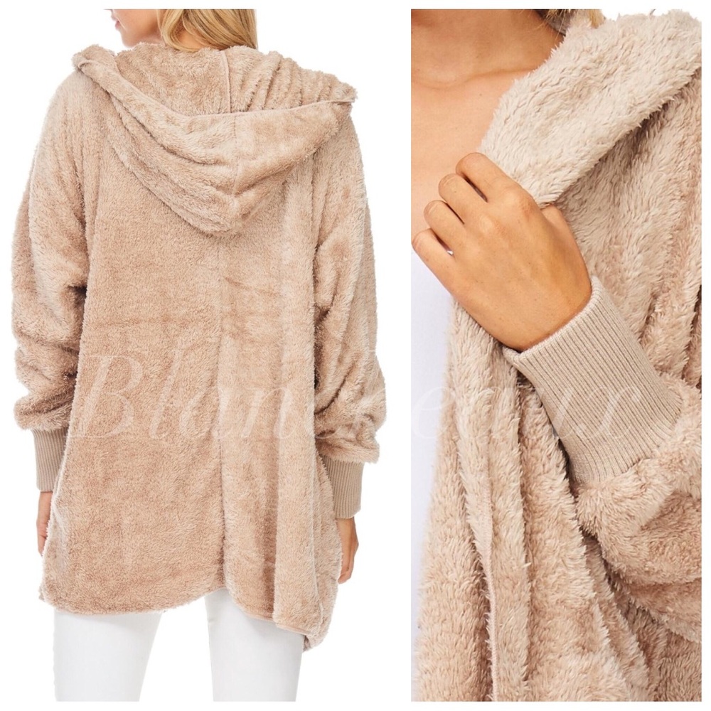 Taupe faux fur plush hooded jacket - Picture 2 of 5